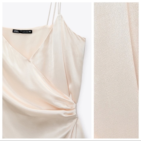 🌹NWT. Zara Nude Beige Satin Effect Wrap Mini Dress. Size S. - Picture 5 of 11